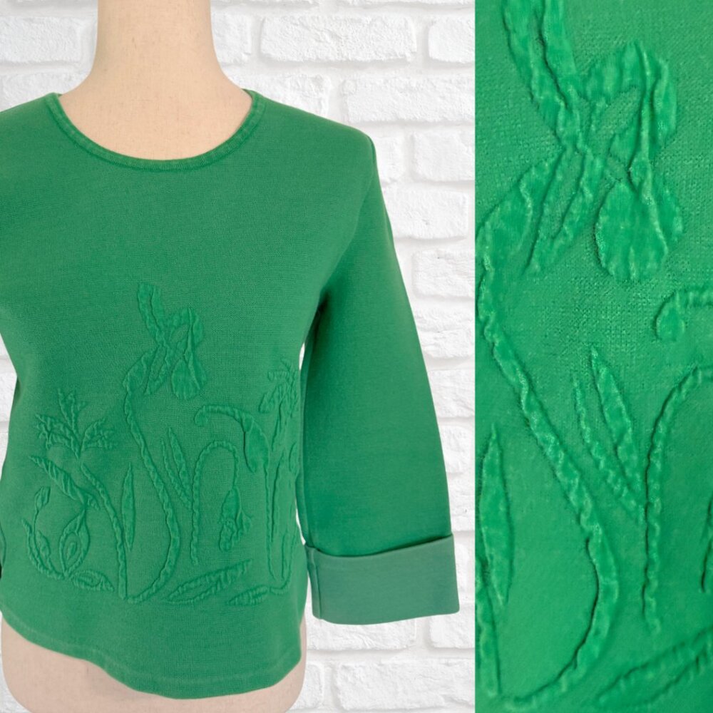 Moth Size Small Green Sweatshirt 3/4 Sleeve Anthropologie Textured Floral Design